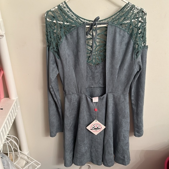 NWT Selfie Leslie Sz L Blue Embroidery LaceFaux Suede Front W/Cut Out Back Dress - Picture 3 of 6